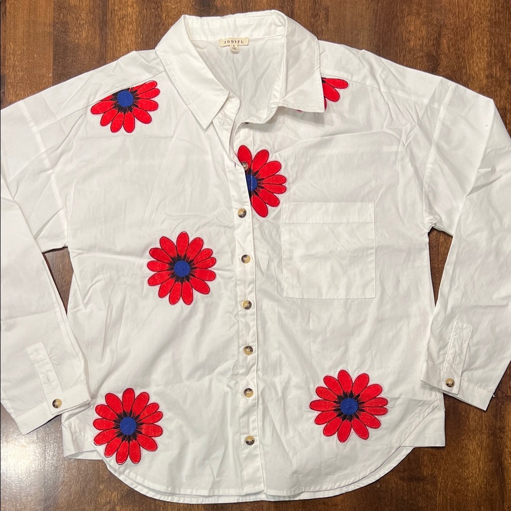 Jodifl Flower Button Down Shirt Classic White Boho Embroidered Detail Size S